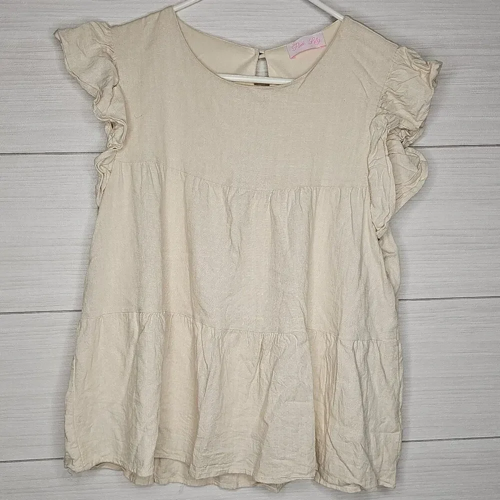 Pink Lily Cream Tiered Ruffle Cap Sleeve Babydoll Top Blouse Womens Medium - Picture 1 of 7